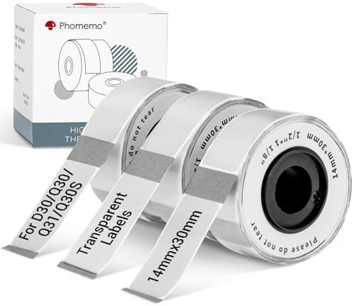 Phomemo Transparente Etiketten für D30 Q30 Beschriftungsgerät, Kompatibel mit Colorwing Q30 und Phomemo D30/Q31/Q30S Etikettendrucker., 14mm x 30mm mit 210 Etiketten/Rolle, 3 Rollen