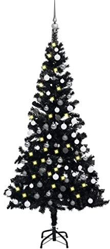 vidaXL Künstlicher Weihnachtsbaum mit LEDs Kugeln Christbaum Tannenbaum Kunstbaum Dekobaum Weihnachten Dekoration Weihnachtsdeko Schwarz 150cm PVC