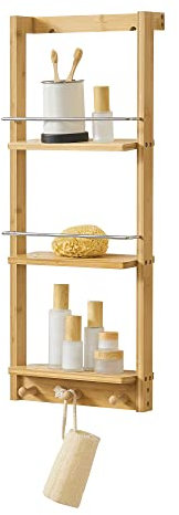 [en.casa] Bambus Wandregal Lidingö Badregal 3 Ablagen 3 Haken Schweberegal 29x10x70cm Natur Holz