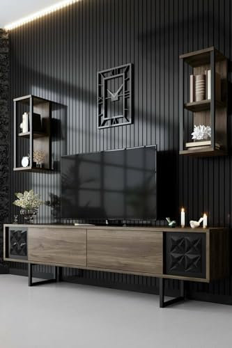Dmora - Mobile porta TV Kaus, Credenza da soggiorno, Armadio basso per TV, Base parete attrezzata, 180x30h48 cm, Noce e Nero