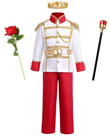 Märchenprinz Kostüm Kinder Jungen Prinz Charming Mittelalterlichen König Kinderkostüm Jacke Top Hose Gürtel Krone Zepter Rose Halloween Cosplay Karneval Mottoparty Party Verkleidung Rot 5-7 Jahre