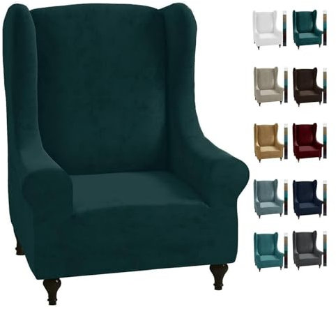 CHELZEN Stretch Samt Wingback Stuhl Slipcover 1-teilige weiche stilvolle Plüsch Slipcover für Wingback Stühle mit elastischem Boden (Schwarzgrün)