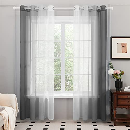 Deconovo Voile Vorhänge Durchsichtig Gardine Balkon mit Ösen, 215x140 cm(HöhexBreite), Dunkel Grau, 2er Set