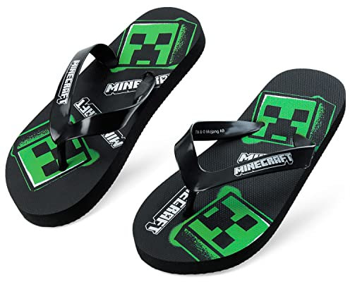 Minecraft Chanclas Playa y Piscina para Niño - Regalos para Gamers (Negro Flip Flops, 30-31 EU)