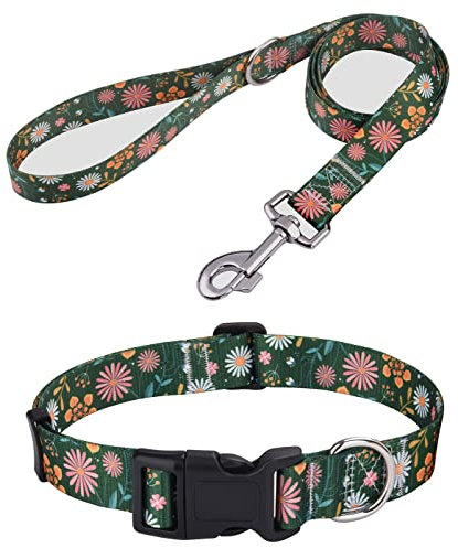 Mihqy Hundehalsband und Leine Set, Verstellbares, Weich & Komfort Nylon Hunde Halsband für Kleine Mittlere Große Hunde Welpen Katzen(Dunkel Grüne Blume Set,M)