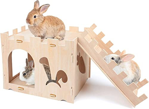 HYLYUN Große Kaninchenhaus, Natural Fichte Hölzerne Kaninchen Burg Abnehmbar Kaninchenschloss Kleintier Versteck für Indoor Erwachsene Kaninchen Meerschweinchen Chinchilla Lebensraum