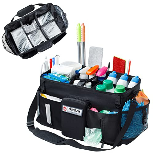 FRECOLSH Large Cleaning Supplies Organizer-Cleaning Caddy Organizer With Handles & Shoulder Strap-Cleaning Bags for Cleaning Suppliers-Housekeepers Wearable Cleaning Tote Upgraded