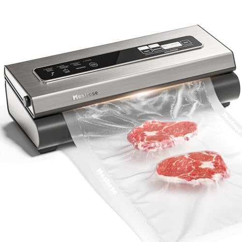Mesliese Vakuumierer Maschine Leistungsstark 90Kpa 6-in-1 Kompakte Vakuum-Food-Preiservierungssystem Mit eingebautem Schneidegerät, 2 Beutelnrollen & 5 Vorgefertigten Beuteln, Trocken- & Feucht-Modus