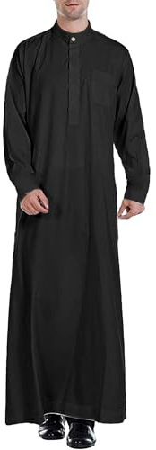 YAOHUOLE Herren Abaya Robe Muslim Kaftan Thobe Langes Kleid Casual Langarm Shirt Knopfleiste Mit Tasche, Schwarz , XL