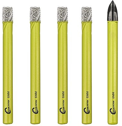 Juego de Brocas Diamante Seco - 4piezas 6mm Sierra Perforadora y 1pieza 6mm Taladro Carburo con Vástago Redondo para Cerámica Porcelana Granito Mármol Cuarzo Gres SANLEETEK