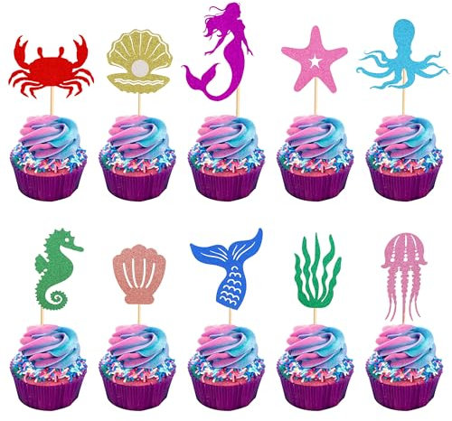 Arthsdite 30Pcs Mermaid Cupcake Toppers Starfish Coral Mermaid Tail Cupcake Picks Octopus Seahorse Jellyfish Cake Decorations for Under the Sea Mermaid Theme Baby Shower Birthday Party Supplies