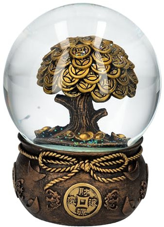 Glücksbringende Geldbaum Schneekugel, Feng Shui, 13,5 cm - Bronzefarben, Chinesische Münzen, Glücksbringer Figur