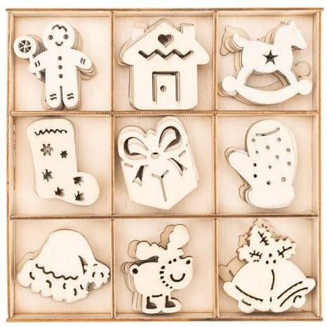 Ideen mit Herz Streu-Deko aus Holz | Holz-Motive Weihnachten | Winter-Deko | Tisch-Deko | Inklusive Holz-Box | 9 versch. Designs, je 7 Stück | 63-teilig