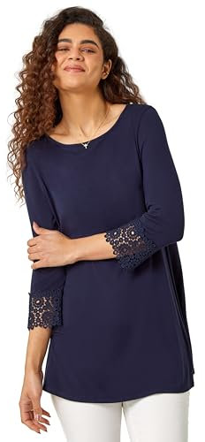 Roman Originals Floral Soft Stretch Jersey Top for Women UK - Ladies Everyday Autumn Winter Round Neckline Comfy Soft Evening Vacation Work Party Night Out - Navy - Size 14