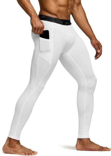 TSLA Men's Compression Pants, Cool Dry Athletic Workout Running Leggings Tights with Pockets, Athletic Pocket Pants White, X-Large