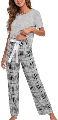 Atxnn Ensemble de Pyjama Femme Pyjamas Élégant Haut à Manches Courtes de Couleur Unie et Carreaux Pantalon Long Ensemble de Pyjamas 2 Pièces pour Toutes Les Saisons