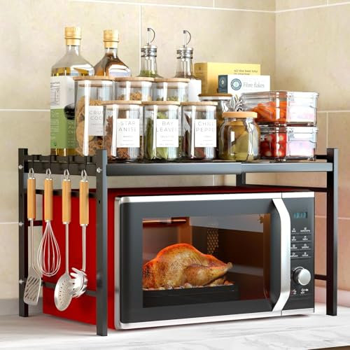 DIDUDE Mikrowellen regal Ausziehbarer 2-stufiges,Stehend Mikrowellenregal mit 4 S-Haken,Platzsparendes Küchenregal, Praktisches küchenregal für küchenregal arbeitsplatte, küchenorganizer,Schwarz
