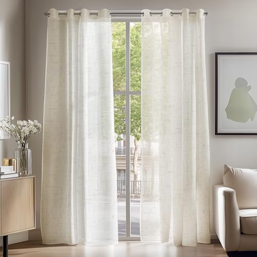 Deconovo Gardinen Wohnzimmer Voile Vorhänge mit Ösen Dekoschal Leinenoptik Halbtransparent Ösenvorhang für Schlafzimmer Luftig Lichtdurchlässig, 180x140cm(HöhexBreite), Leinen, 2er Set