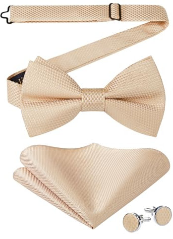 Enlision Herren Fliege Champagner Einfarbig Vorgebundene Fliegen und Einstecktuch mit Manschettenknöpfe Set Einstellbar Fliege für Hochzeit Smoking