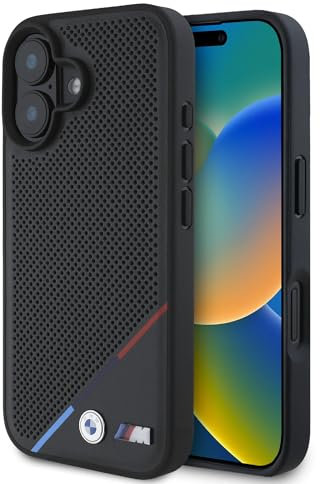 CG Mobile BMW HC M Handyhülle entworfen für iPhone 16, langlebig, stoßfest, kompatibel mit Magsafe, PU-perforierte Tricolor Line-Hülle, Schwarz