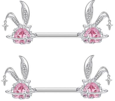 Brustwarzenpiercing, 14 g, niedlicher Hasen-Hase, Edelstahl, Kristall, Pavé-Fassung, Zirkonia, Hasenschild, Nippelpiercing, 16 mm, hübsches funkelndes rosa Zirkonia, Herz-Piercing, Schmuck, Edelstahl,