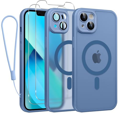 Phoona Magnétique Coque pour iPhone 13 Con Cordon, [Compatible avec MagSafe], Etui Translucide Mat Arrière Housse Fine Antichoc Case avec 2 Pièces Verre Trempé Étui, Bleu