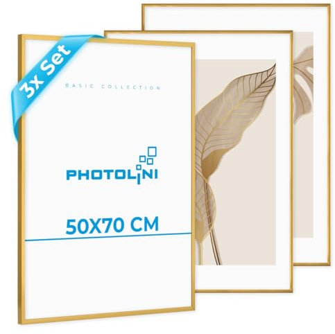 PHOTOLINI Bilderrahmen 50x70 Gold 3er Set, Kunststoff Puzzle Rahmen 50x70 Gold zum Aufhängen, Picture Frame 70x50 mit Acrylglas & extra Zubehör, Fotorahmen für Meisterbrief, Urkunden, Fotos