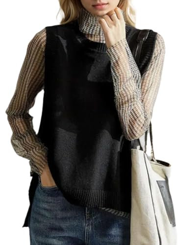 Women's Cable Knit Sleeveless Vest, Ladies Tank Top Chunky Side Buttons Sweaters with Round Neck, Pull Over Soft Casual Stylish Vintage Knitwear, Black, One Size