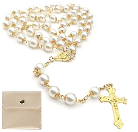 Calkkrer Katholischer Rosenkranz zur Kommunion mit Retro-Kreuz, Samt Geschenkbeutel, Elegante Kreuz für Taufe, Hochzeit, Party (Golden)