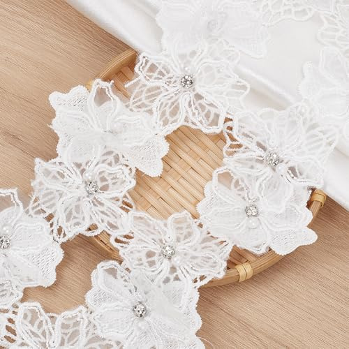 DELORIGIN 2.7 m 3D Blumen Spitzenbesatzband Mit Strass Perlen Blumenapplikation Bestickter Spitze Stoff Zum Nähen von Kleidung Hochzeitskleidern DIY Basteln (Weiß)