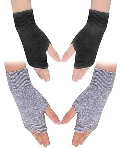 Cashmere Fingerless Gloves, Wrist Warmers Thumb Hole Warm Half Fingerless Gloves Winter Warm Fingerless Mittens Black and Grey For Men Women Ladies Christmas Gifts