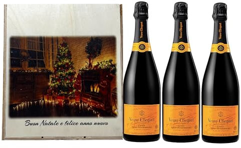 3 Bottiglie di Veuve Clicquot Brut Cuvée Saint-Pétersbourg 75cl in Elegante Cofanetto di Natale in Legno, Ottima ed Esclusiva Idea Regalo !