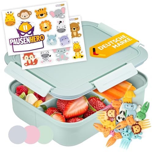 Pausenhero Brotdose Kinder mit Fächern [Obstgabeln + Sticker Set Grün] Brotdose Schule Snackbox mit Fächern Bento Box Lunchbox Kinder Lunchbox Erwachsene Bento Box Kinder Brotbox