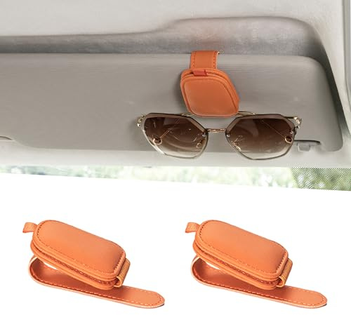 Yuoyar Sunglass Holder for Car, Magnetic Leather Sunglasses Holder and Ticket Card Clip, Car Visor Accessories, 2 Packs (Orange)