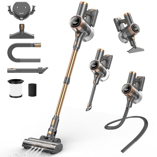 NuYupo Cordless Vacuum Cleaner, 10-in-1 Lightweight Stick Vacuum with 45mins Runtime, Powerful Suction, LED Touch Screen, Rechargeable Vacuum Cleaners for Home Hardwood Floor Carpet Pet Hair (Gold)