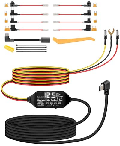 YANBORONSN Dash Cam Hardwire Kit with Multi Size Fuse,12V-24V to 5V/3A USB C Dash Camera Hardwire Kit with Digital Display and Low Voltage Protection,Pry Tool，ACC Mode,for Dash Camera(3.5M/11.4FT)