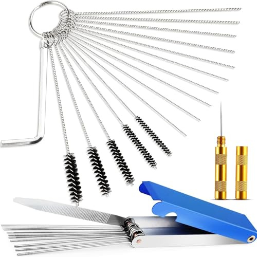 elook Spray Gun Cleaning Kit with 11cm Needles and Brushes | Carburetor Airbrush Cleaner Tool Set with 7cm L-Shaped Rod, 10.3cm Box and 2.6cm Pin Vise for Carb Jets Nozzles DIY