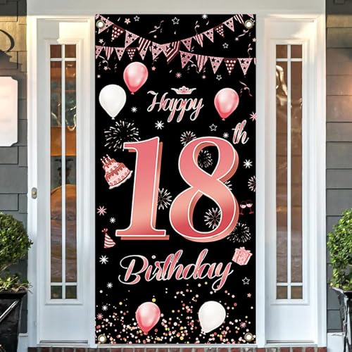 18. Geburtstag Banner, Schwarz Rosa 18 Jahr Geburtstag Deko Tür Hintergrund Birhday Banner für Junge Mädchen Geburtstag Poster Türbanner Wand Dekoration 185 x 90cm