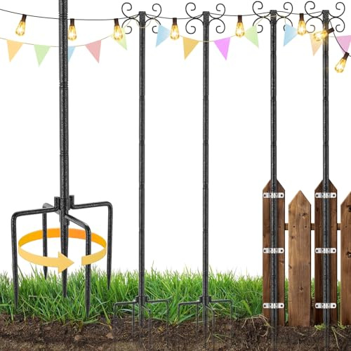 StarryEver Schäferhaken Garten Stangen mit 4-Haken, 4 Stück 3m Heavy Duty Metall Gartenstecker mit Hammerfinish-Oberfläche, Laternenhalter Höhenverstellbar für Lichterkette, Laternen, Pflanzenkörbe