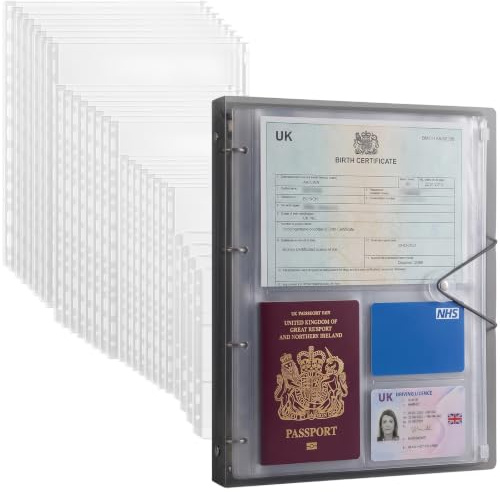 Pochettes de présentation A4 avec classeur à anneaux, 28 poches zippées étanches multi-tailles (A4 B5 A5), classeur épais pour passeport, certificat de naissance, dossiers en plastique