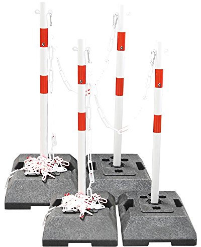 UvV Kettenpfosten Sperrpfosten Set weiß 4 Stahl feuerverzinkte Absperrpfosten 20m Kette Kunststoff 8 mm weiss, 4 x Karabiner und 4x18 kg Fuß