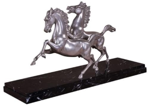 Casa Padrino Luxus Bronzefiguren Pferde Silber/Schwarz 80 x 25 x H. 43 cm - Elegante Versilberte Deko Bronze Skulpturen mit Marmorsockel