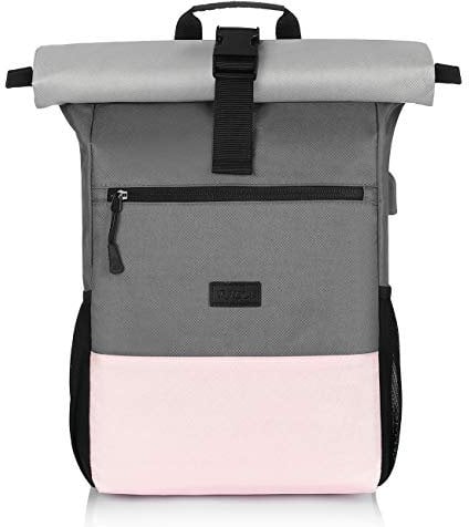 RJEU Uni Rucksack Damen,Schulrucksack Mädchen Teenager,Rolltop Rucksack Frauen mit 17 Zoll Laptopfach & Anti Diebstahl Tasche für Freizeit,Schule,Arbeit,Reisen (Rosa-26L)