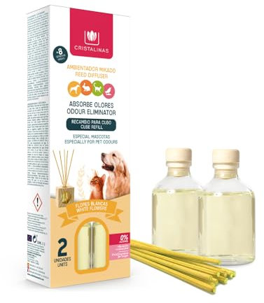 CRISTALINAS. Pack x2 Ambientador & Absorbe Olor Mikado para Mascotas. 0% Alcohol. Mas de 4+4 semanas de duracion. 2x30 ml. Aroma (Flores Blancas) (Unidad)