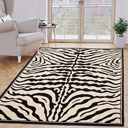 Carpeto Rugs Teppich Zebra Tierfell Optik Tiere Motiv Animal Print Zebra Muster - Bettvorleger Teppich für Wohnzimmer Schlafzimmer Esszimmer Schwarz-Weiß 80 x 150 cm