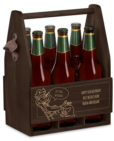 Maverton Wooden Bottle Holder for Man, Engraved Bottle Carrier, CHILL | Gift for him, Gift for Beer Lover, Pine Wood Caddy with Metal Bottle Opener