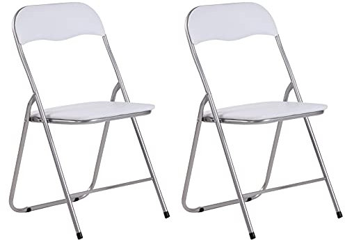 CLP 2er Set Klappstuhl Felix Gepolstert I Küchenstuhl Mit Metallgestell I Kunstleder PVC Sitz Gepolstert I Stühle Klappbar I Campingstühle, Farbe:weiß/Silber