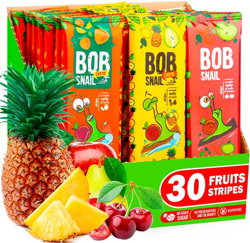 Bob Snail Vegane Süßigkeiten Vielfrucht-Riegel - 30 Gesunde Snacks Einzeln Verpackt von Kinder und Erwachsene mit Mango Himbeeren Birnen und Apfel - Zuckerfreie Low Carb Kalorienarme Süßigkeiten