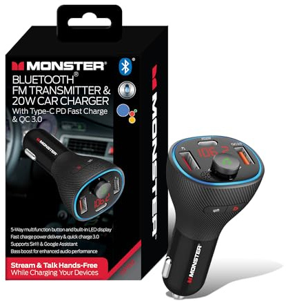 Monster Bluetooth FM Transmitter for Car Cigarette Lighter with 20W QC3.0 USB A & USB C PD Charger, Bass Boost Button, Flash Drive Port, Google Voice & Siri Compatible, Hands-Free Calls, Microphone