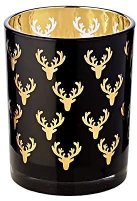EDZARD Teelichtglas Ben (Höhe 13 cm, Ø 10 cm), schwarz, innen Gold | Hirsch-Motiv leuchtet golden im Kerzenschein · mittlere Höhe für die Tischmitte · für handelsübliche Teelichter